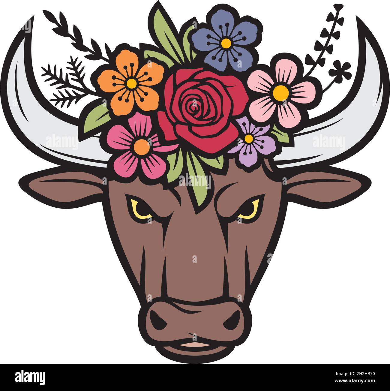 Floral bull head color vector illustration Stock Vector
