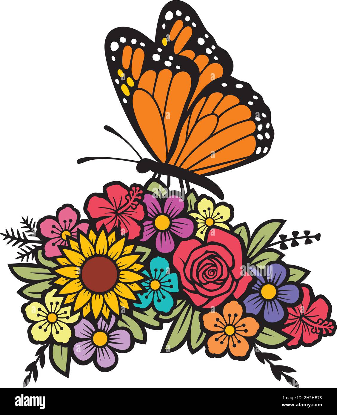 Butterfly and flowers color vector illustration Stock Vector