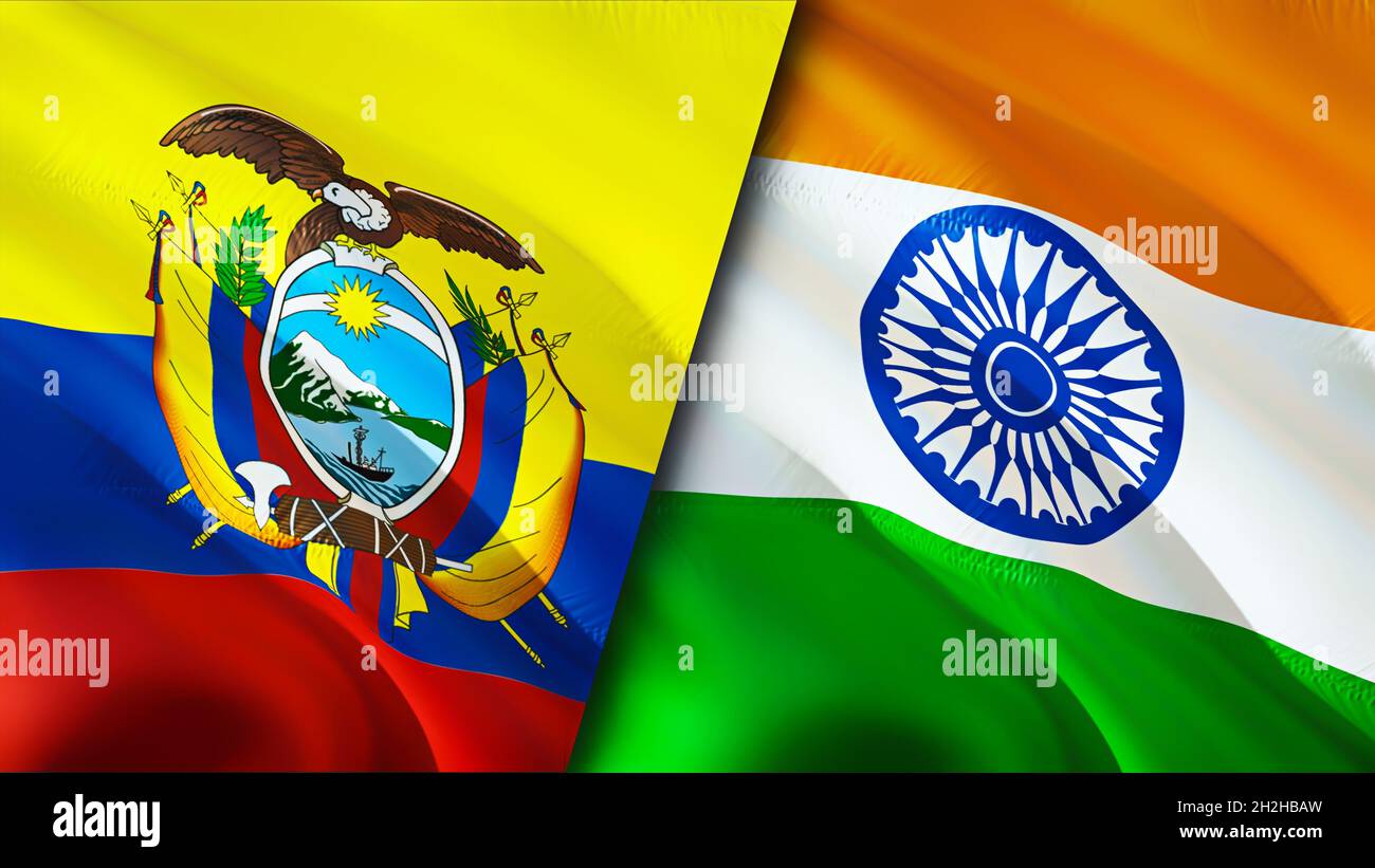 Ecuador and India flags. 3D Waving flag design. Ecuador India flag