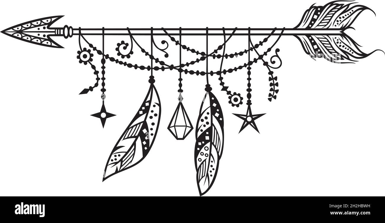 Boho arrow with feathers black and white vector illustration Stock Vector