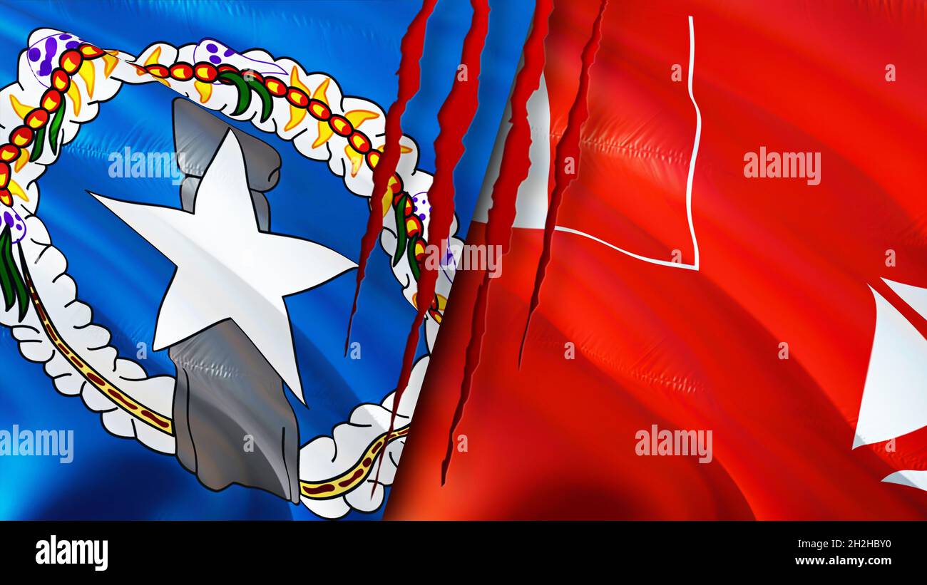 Mariana Islands and Wallis and Futuna flags with scar concept. Waving flag,3D rendering. Wallis and Futuna and Northern Mariana Islands conflict conce Stock Photo