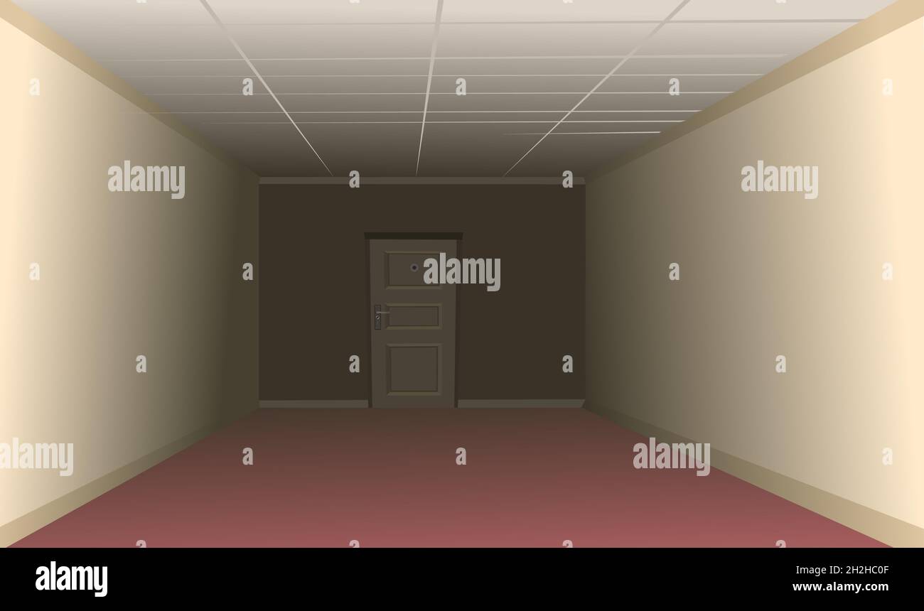 Hallway house. Empty hallway in the building. One door at the dark end