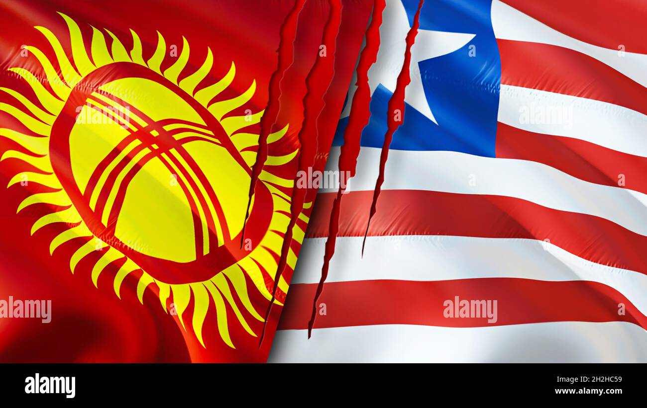 Kyrgyzstan and Liberia flags with scar concept. Waving flag,3D