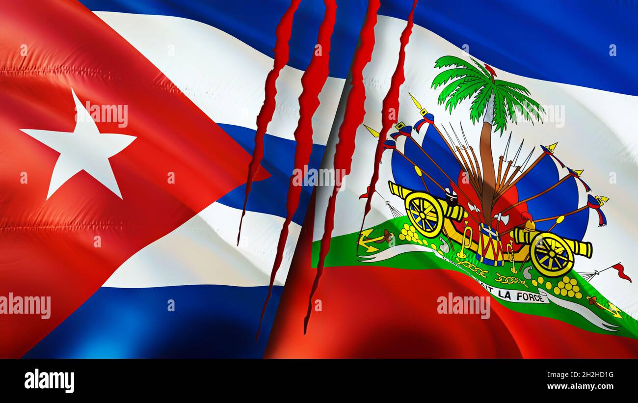 Cuba and Haiti flags with scar concept. Waving flag 3D rendering. Cuba