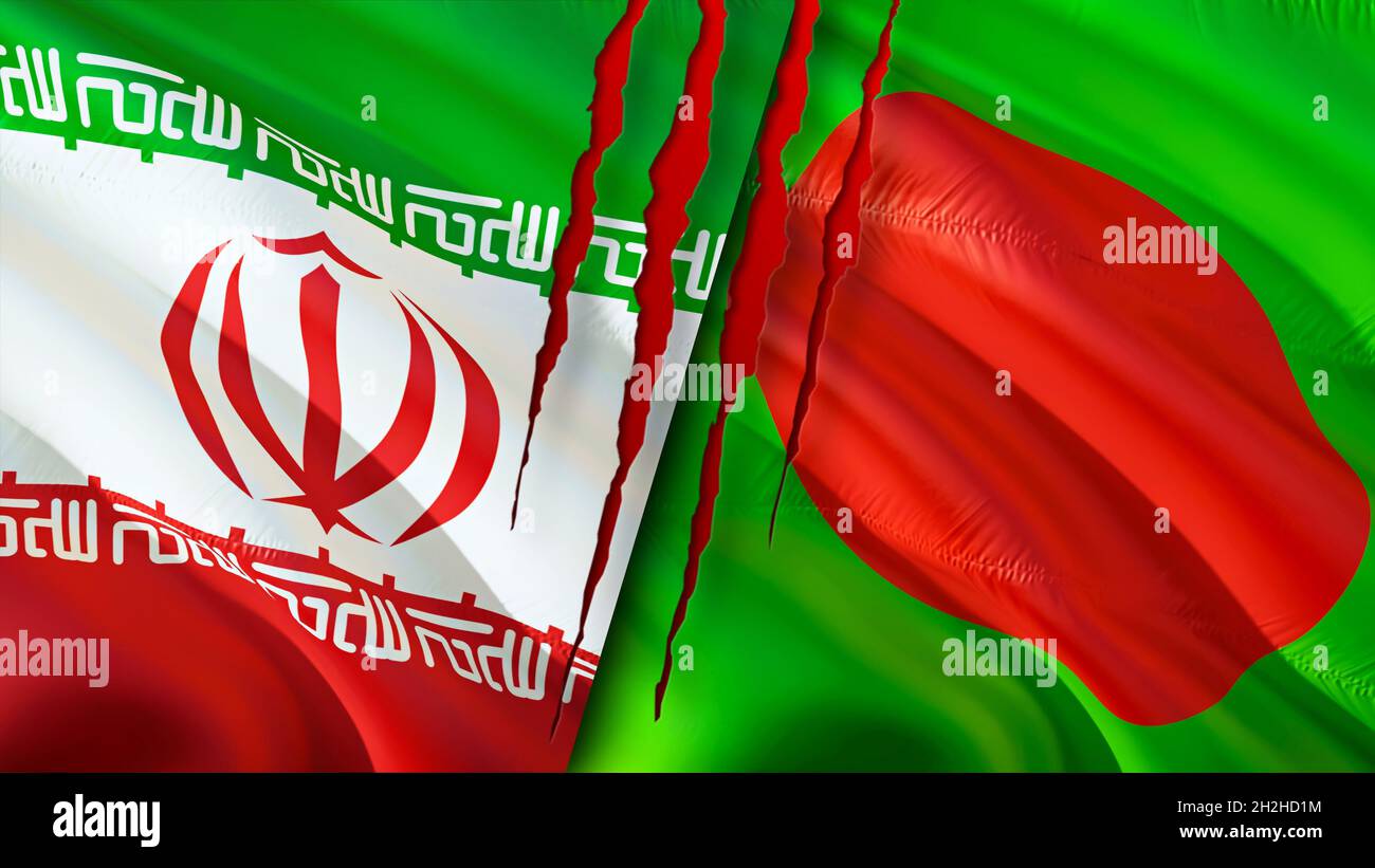 Iran and Bangladesh flags with scar concept. Waving flag,3D rendering