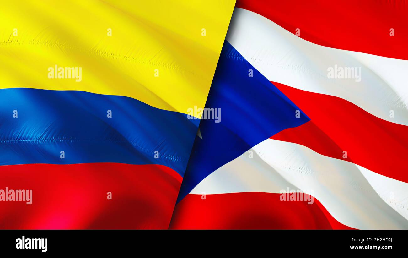 Colombia and Puerto Rico flags. 3D Waving flag design. Colombia Puerto