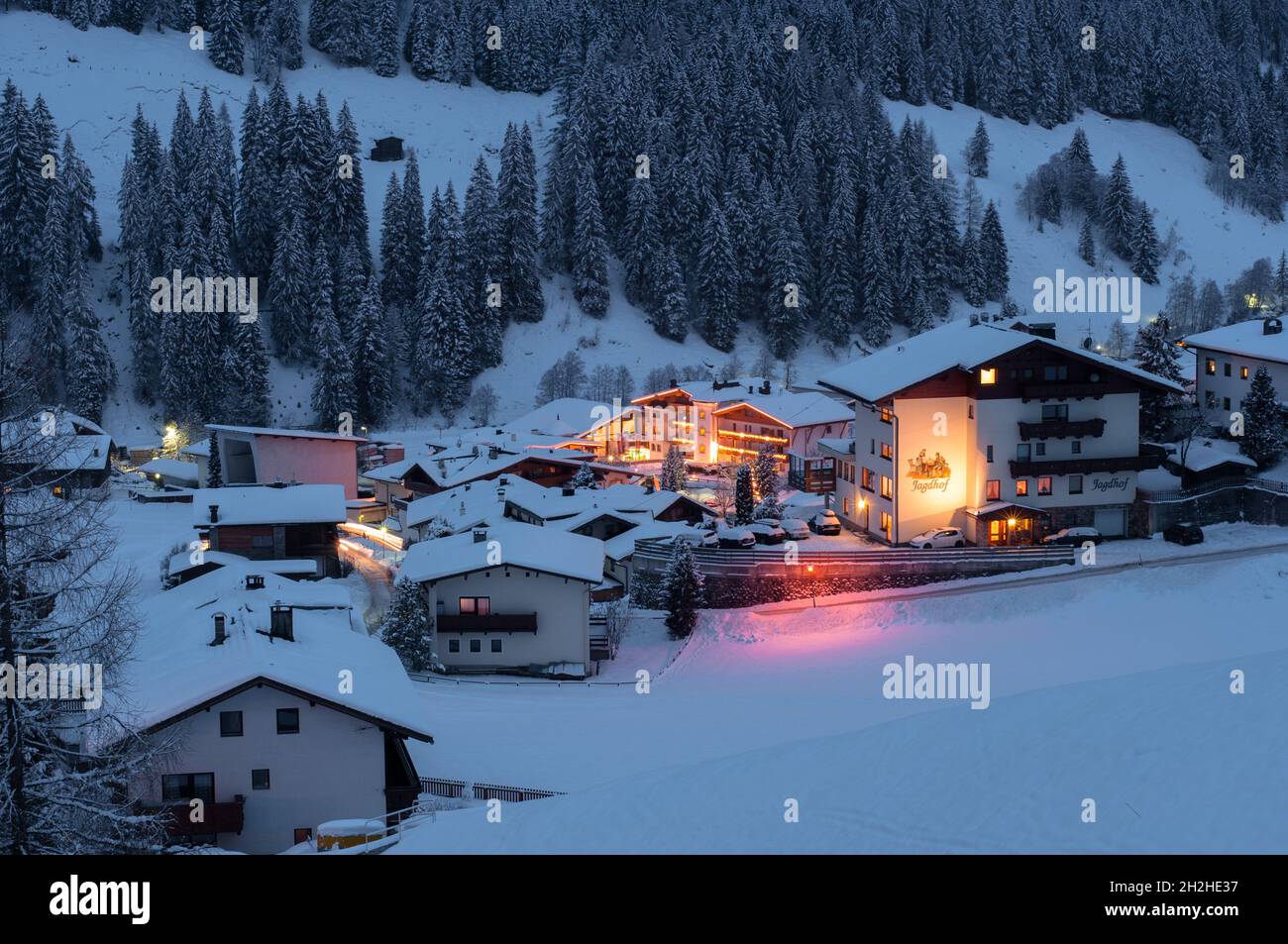 VORDERLANERSBACH, AUSTRIA - JANUARY 17 2013: An evening in the Austrian village of Vorderlanersbach near Mayrhofen. Stock Photo