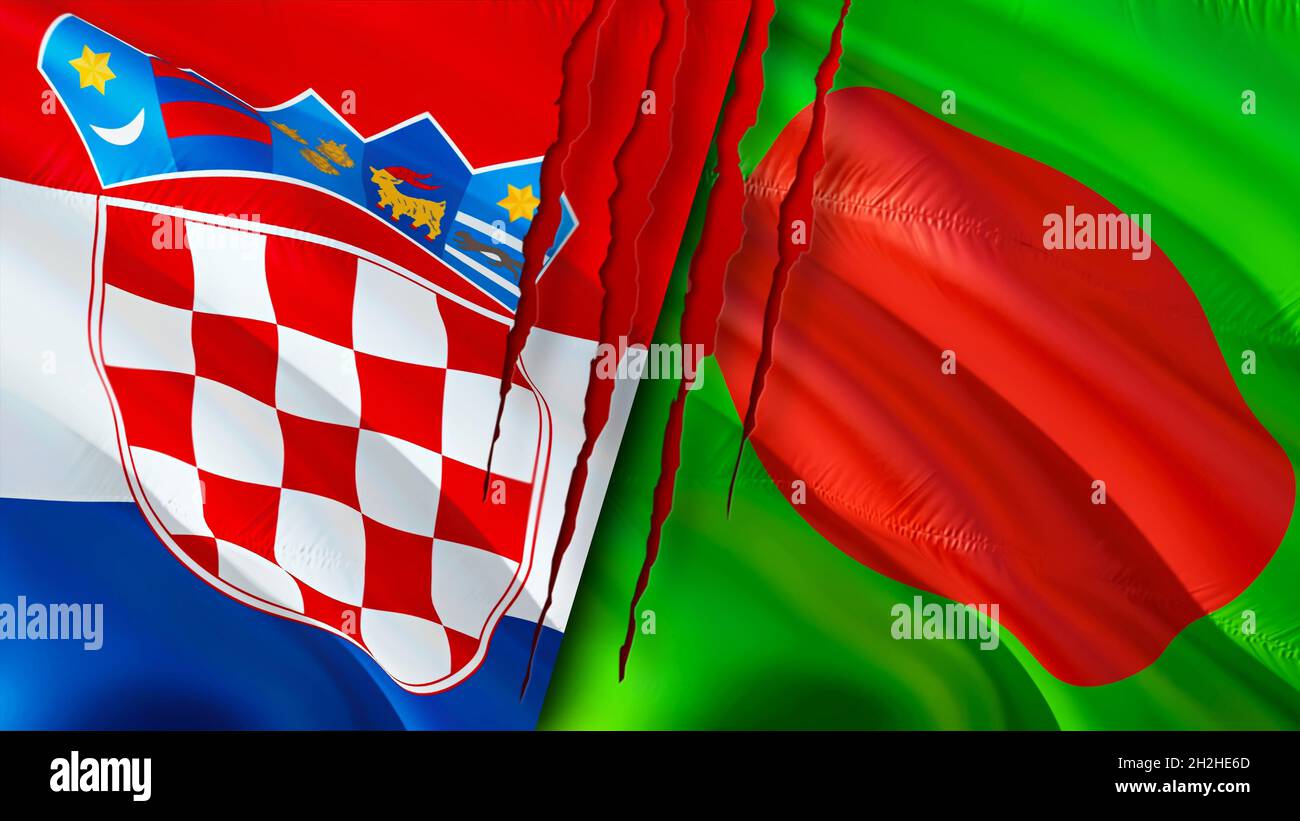 Croatia and Bangladesh flags with scar concept. Waving flag,3D rendering. Bangladesh and Croatia conflict concept. Croatia Bangladesh relations concep Stock Photo