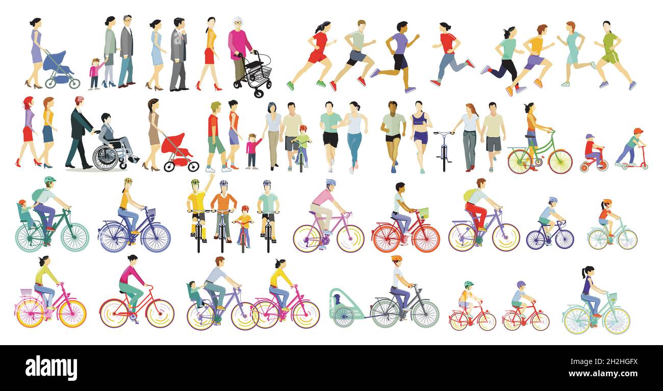 Large group of people of athletes, families, cyclists and pedestrians, illustration, isolated on white background Stock Vector