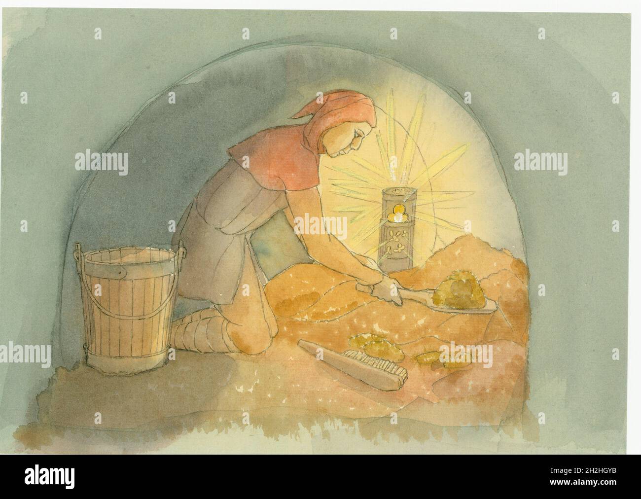 A medieval gongfermour, or gong farmer, at work, 2004. A reconstruction illustration of a medieval gongfermour, or gong farmer, at work. A gongfermour is a Tudor term that describes someone whose job entailed removing human excrement from cesspits and privies. They only worked at night, and were often called 'nightmen', and the collections as 'night soil'. The waste had to be taken out of town boundaries. The gongfermour is working at night by candlelight, and is possibly in a cesspit or privvy. The illustration was made for the educational department to use on medieval locations. Stock Photo