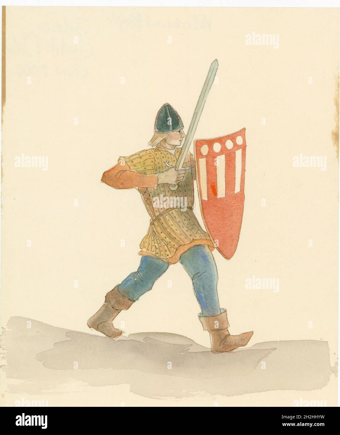 A medieval soldier carrying a long sword in his right hand and a shield in his left, 2004. A reconstruction drawing of a medieval soldier carrying a long sword in his right hand and a shield in his left. Stock Photo