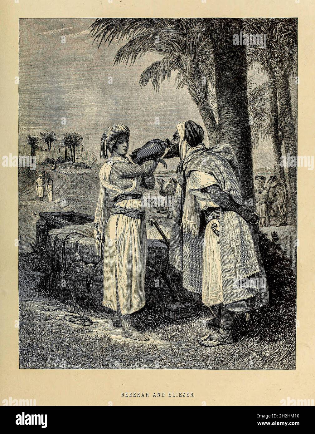 Rebekah and Eliezer at the well from ' The Doré family Bible ' containing the Old and New Testaments, The Apocrypha Embellished with Fine Full-Page Engravings, Illustrations and the Dore Bible Gallery. Published in Philadelphia by William T. Amies in 1883 Stock Photo