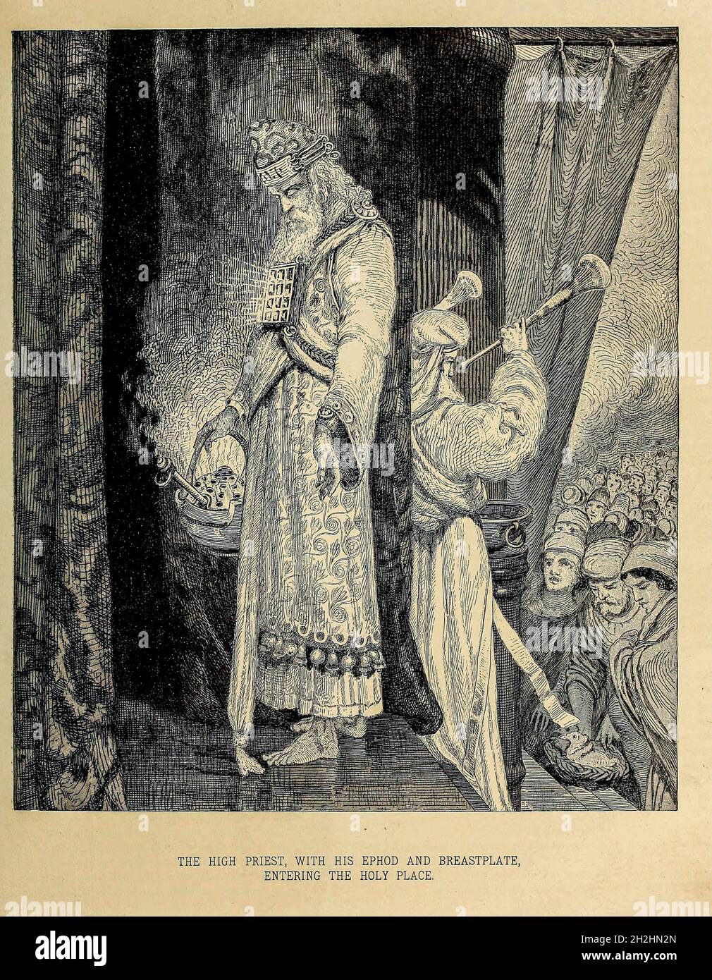 The High Priest, with his Ephod and Breastplate, Entering the Holy Place from ' The Doré family Bible ' containing the Old and New Testaments, The Apocrypha Embellished with Fine Full-Page Engravings, Illustrations and the Dore Bible Gallery. Published in Philadelphia by William T. Amies in 1883 Stock Photo