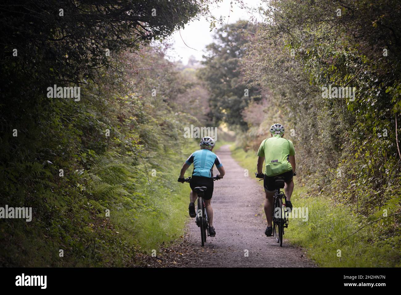 Cyclists on the Bissoe Trail which connects the north and south coasts at Portreath and Devoran, Cornwall Stock Photo