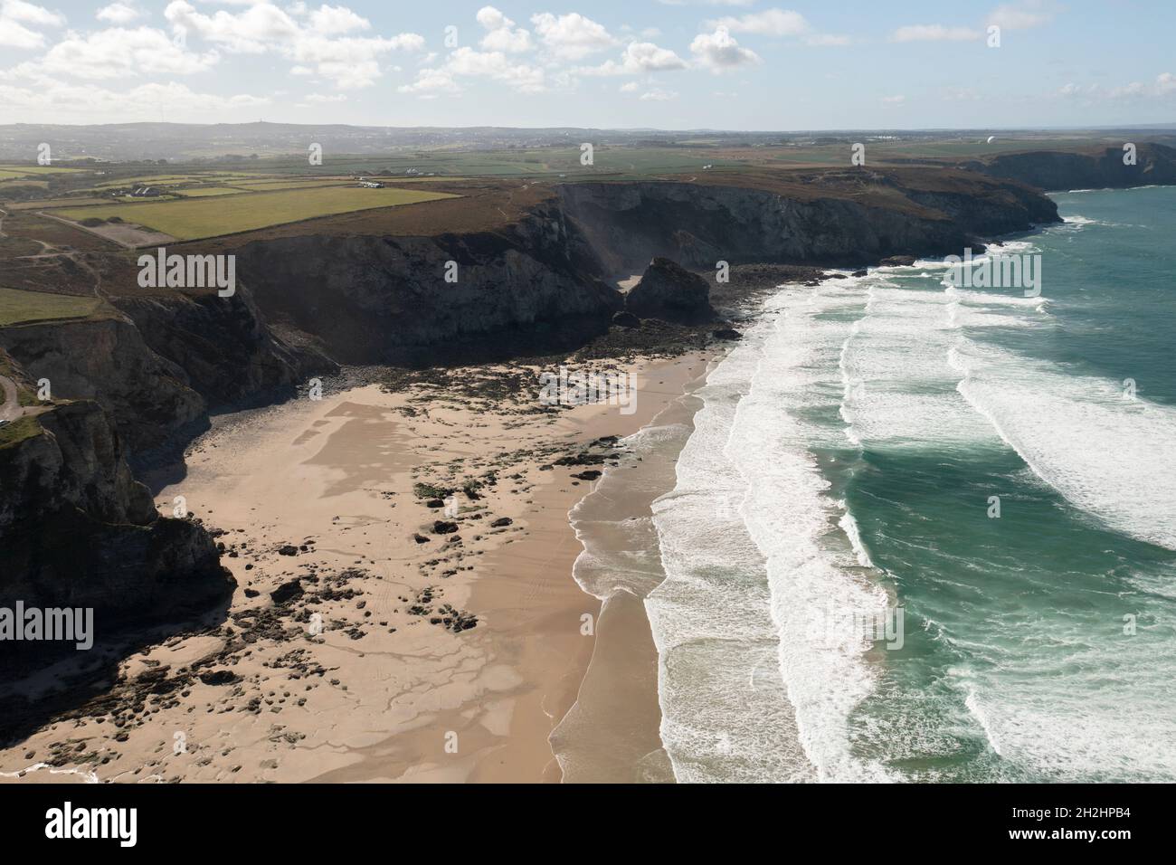 Aerial image of Porthtowan beach on the north Cornwall coast Stock Photo