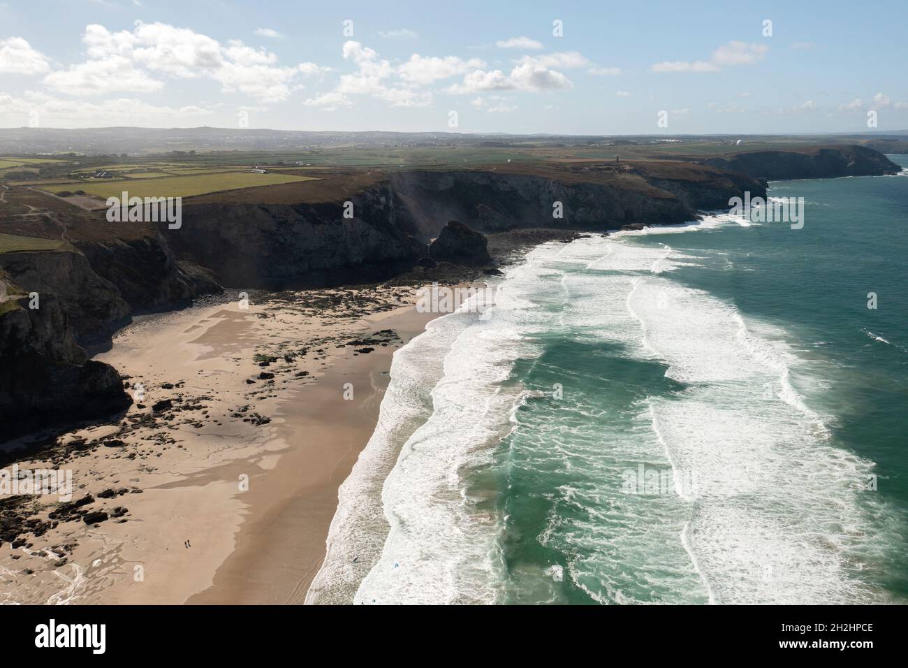 Aerial image of Porthtowan beach on the north Cornwall coast Stock Photo