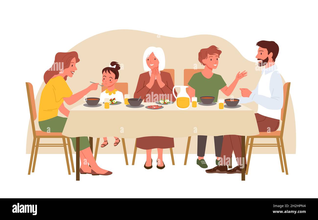 Family people eat dinner at home vector illustration. Cartoon mother  feeding little daughter, father, son, grandmother sitting at dining table  and eating isolated on white. Happy family time concept Stock Vector Image