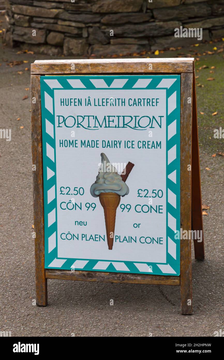 Portmeirion Home Made Dairy Ice Cream sign outside Caffi No 6 in Portmeirion village, Gwynedd, North Wales - tourist village Stock Photo