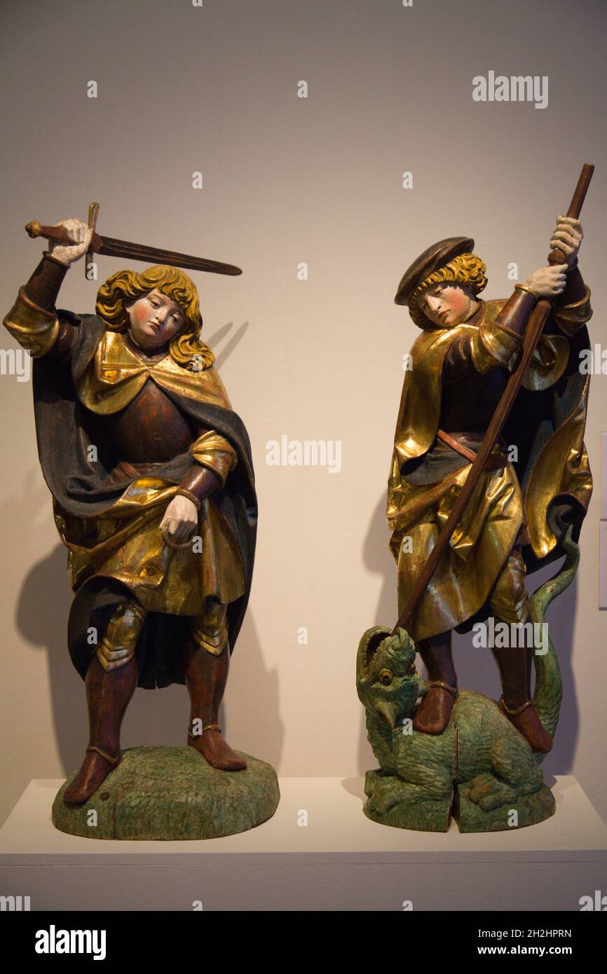 Switzerland, Fribourg, Art and History Museum, Saint Michel, Sain Georges, statues, Stock Photo