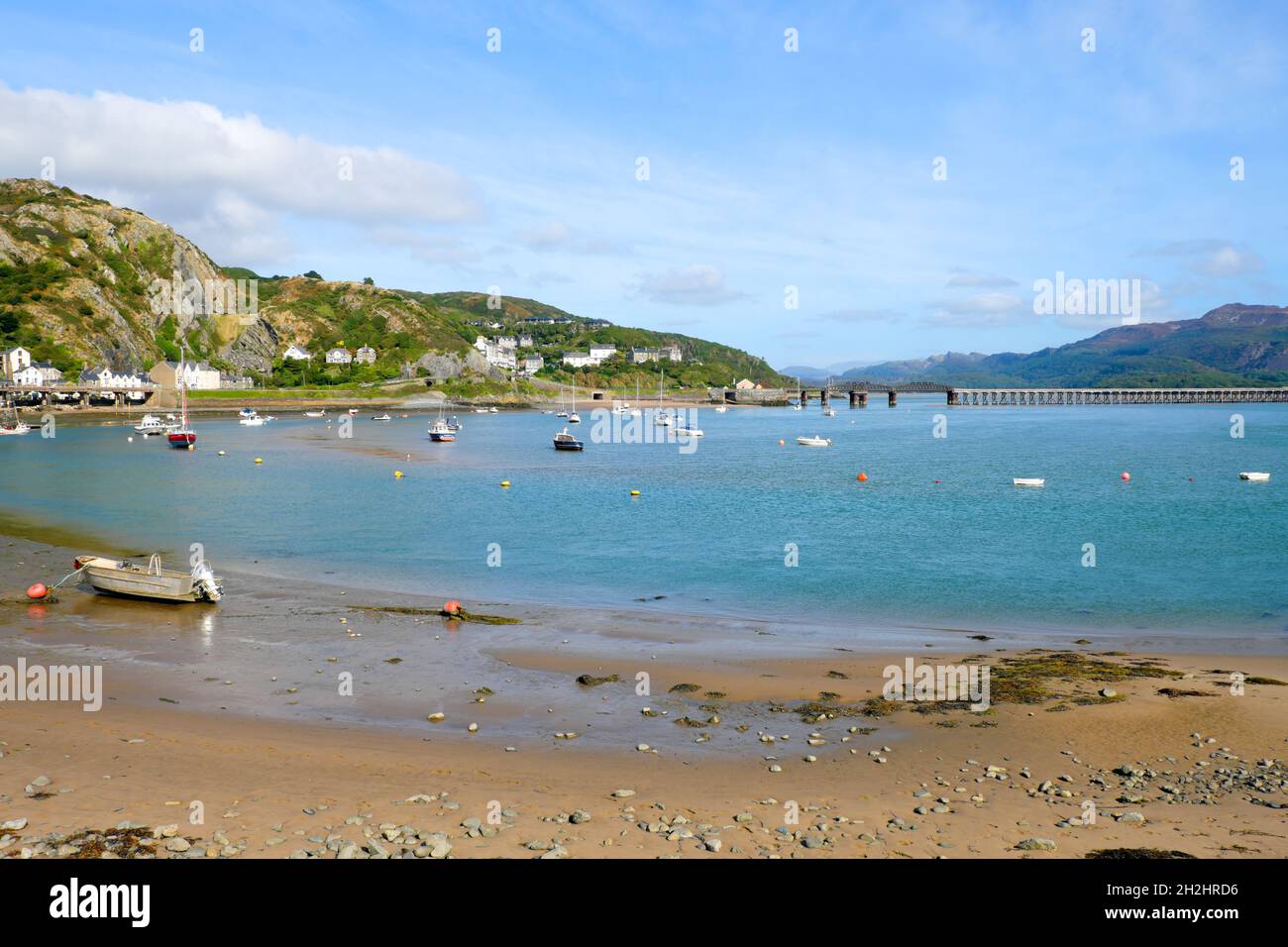 Boats at Barmouth & the famous Barmouth railway bridge Barmouth Gwynedd