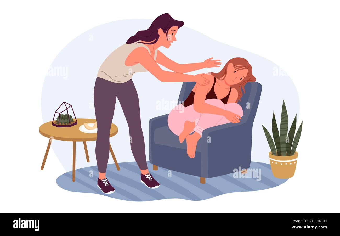 Help and support to young woman in grief and sorrow vector illustration. Cartoon sad depressed girl sitting in armchair in need of care and comfort. Mental health, sisterhood, friendship concept Stock Vector