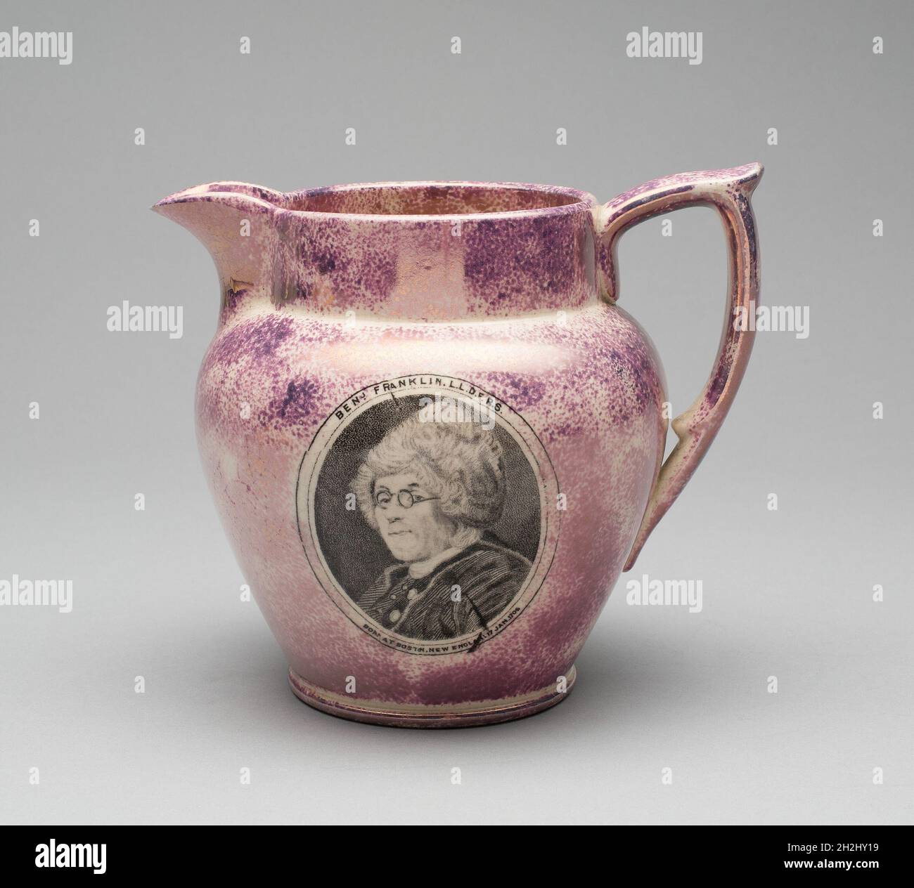 Jug, c. 1825. Decorated with portrait of American scientist, politician and publisher Benjamin Franklin: 'Benj. Franklin L.L.D.F.R.S., born at Boston, New England, 17 Jan. 1706'. Made in Staffordshire, England, for the American market. Stock Photo