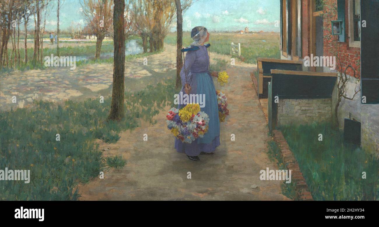 Flower Girl in Holland, 1887. Young Dutch woman selling flowers doorto