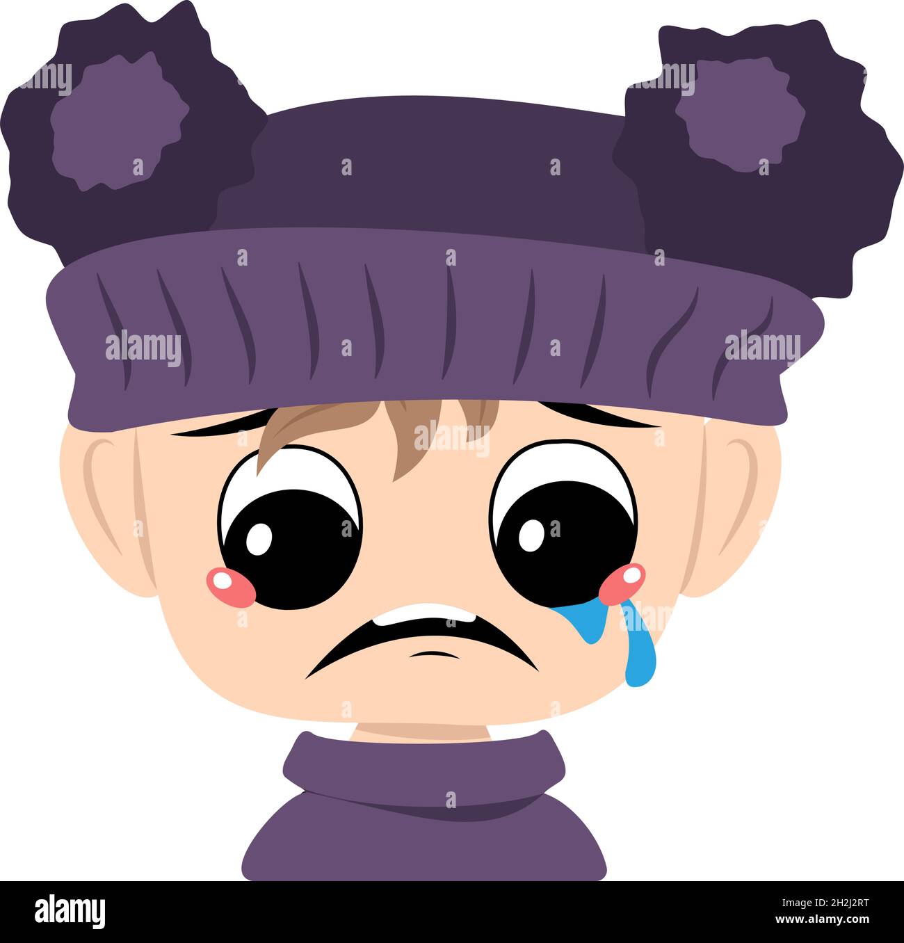 Child with crying and tears emotion, sad face, depressive eyes in violet hat with pom pom. Head of toddler with melancholy expression Stock Vector