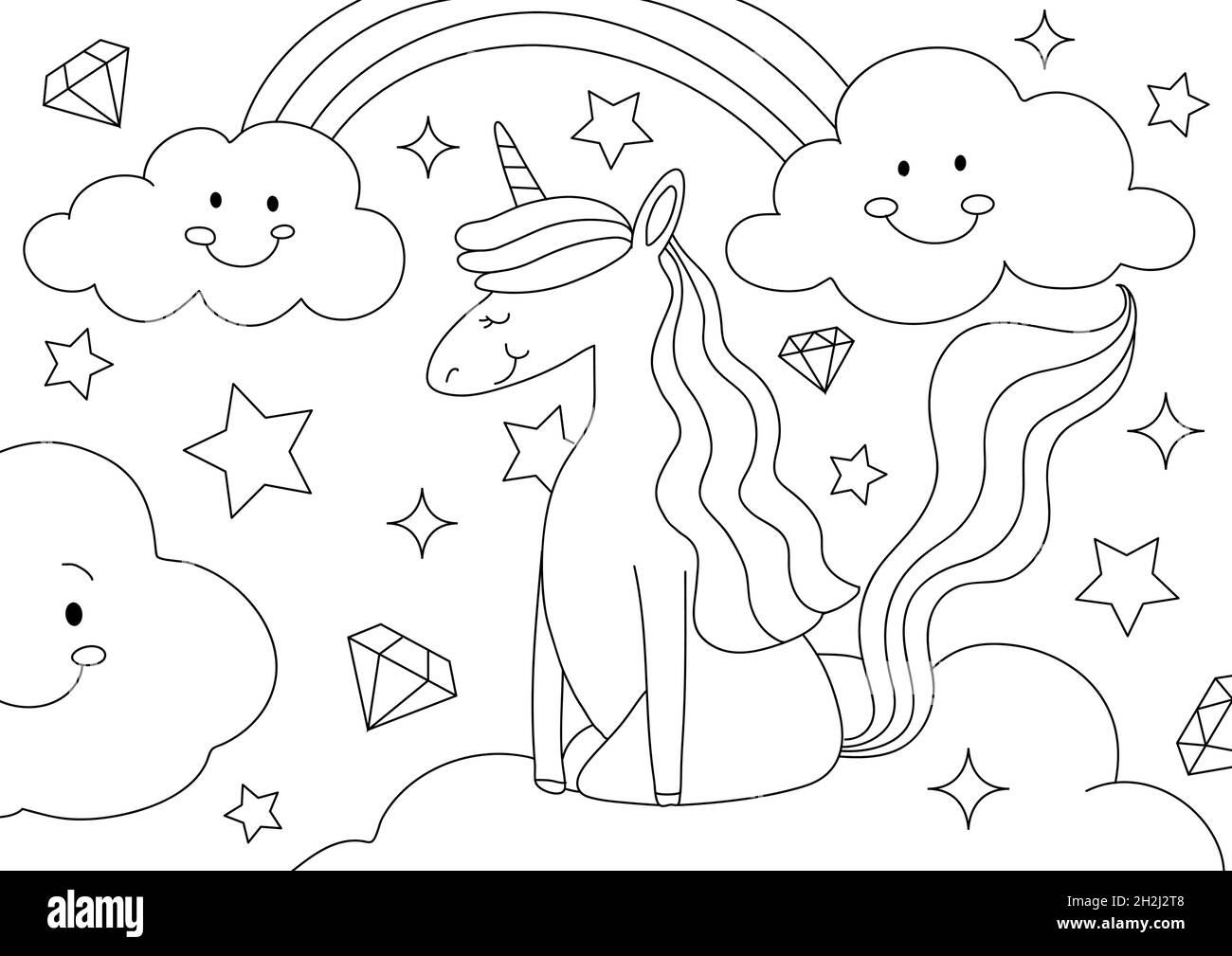 Unicorn kids coloring page vector, blank printable design for ...