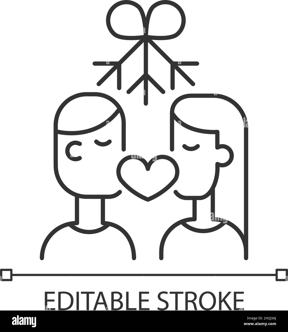 Couple kissing under mistletoe linear icon Stock Vector