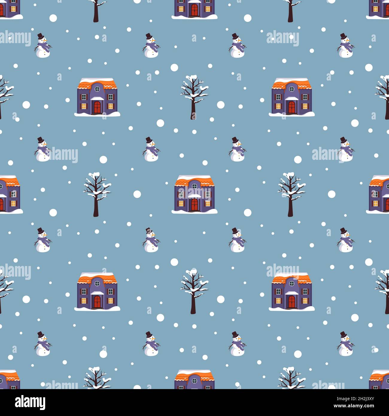 Seamless pattern with festive Christmas houses, snowman, trees and ...