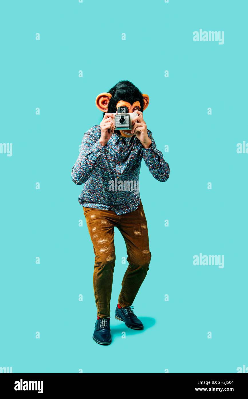 man, wearing a monkey mask, is taking a picture with a retro instant camera, standing on a blue background Stock Photo