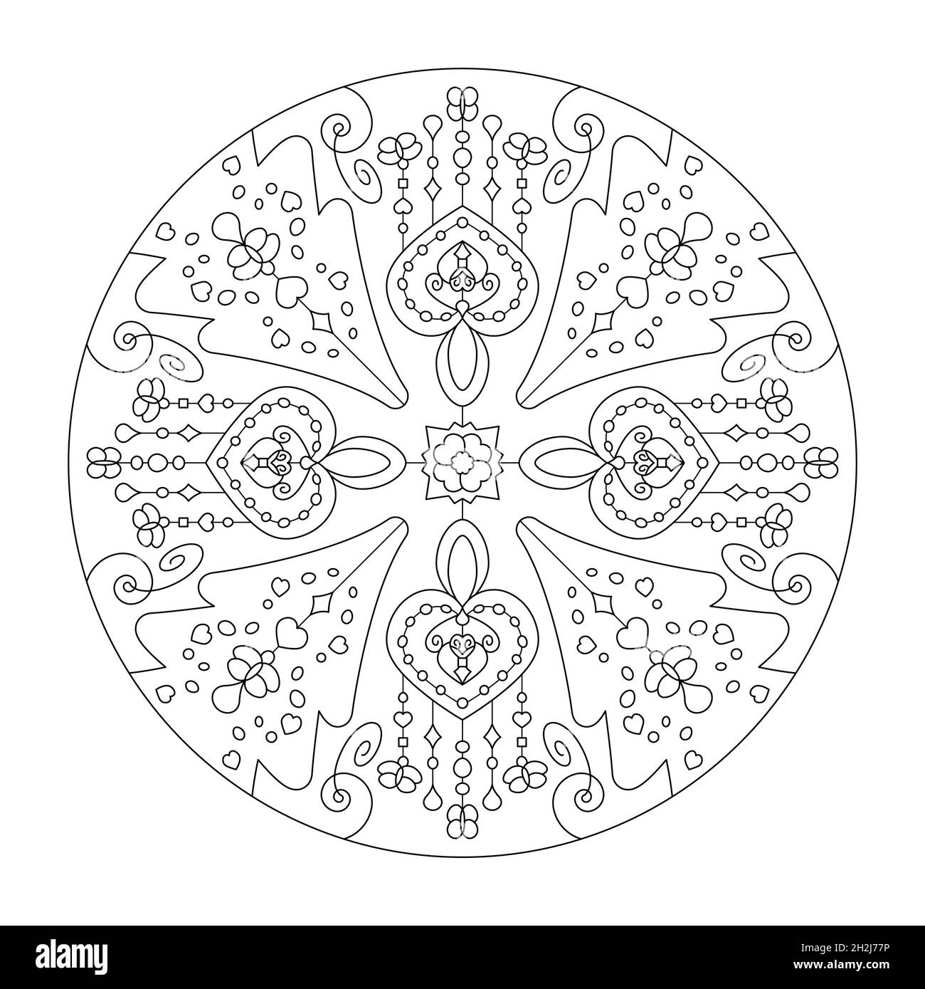 Christmas mandala. Fancy hearts and Christmas Trees. Coloring page. Vector illustration. Stock Vector