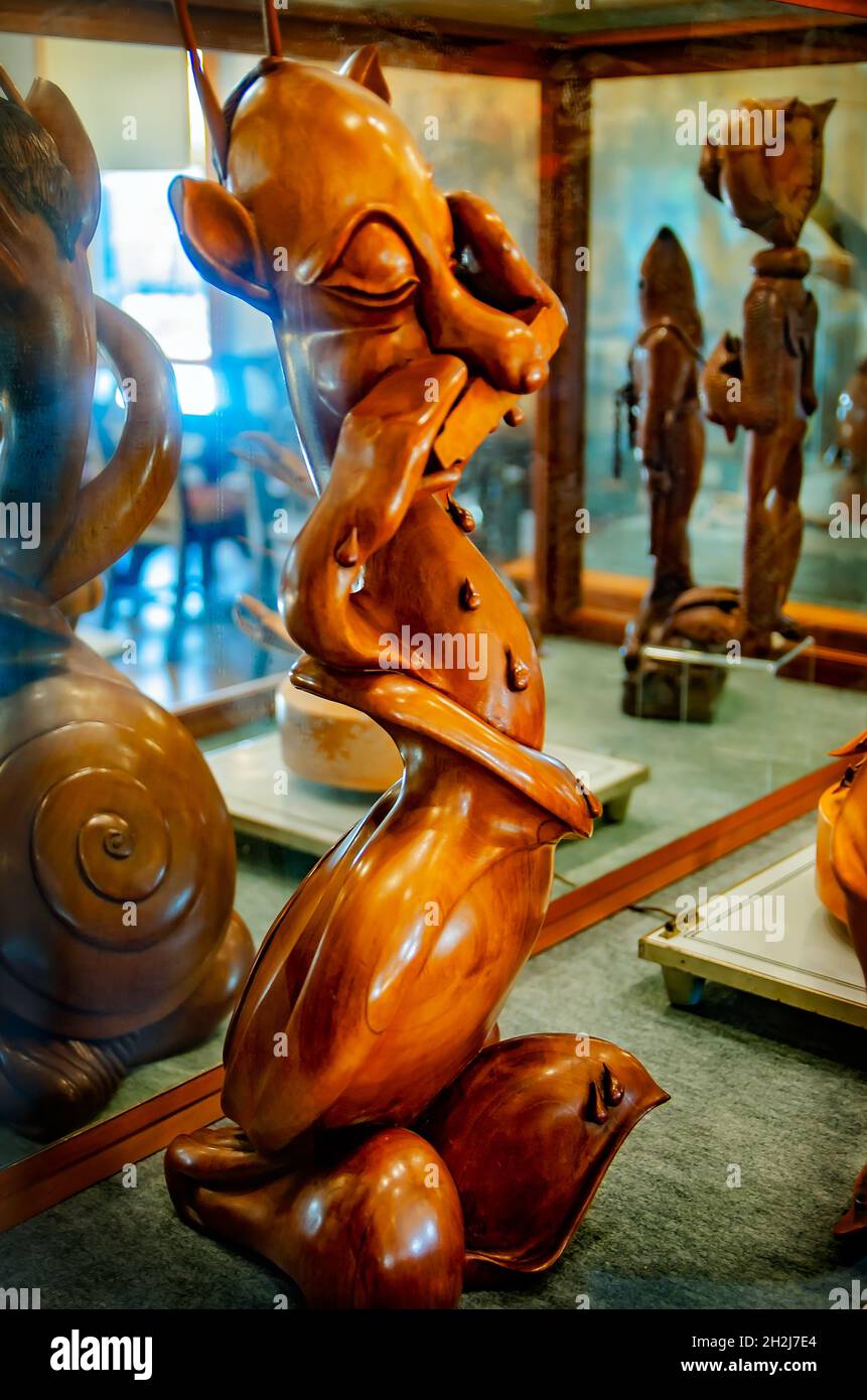 Wooden sculptures by artist Craig Sheldon are displayed at Fairhope Museum of History, Oct. 17, 2020, in Fairhope, Alabama. Stock Photo