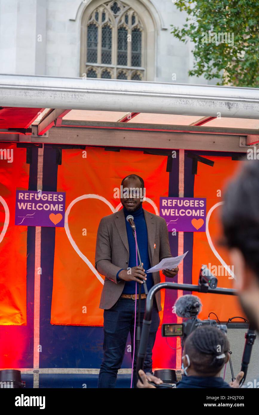 Former refugee and political activist giving speech, Refugee rally against the new Nationality and Borders Bill, Parliament Square, London, UK, 20/10/2021 Stock Photo