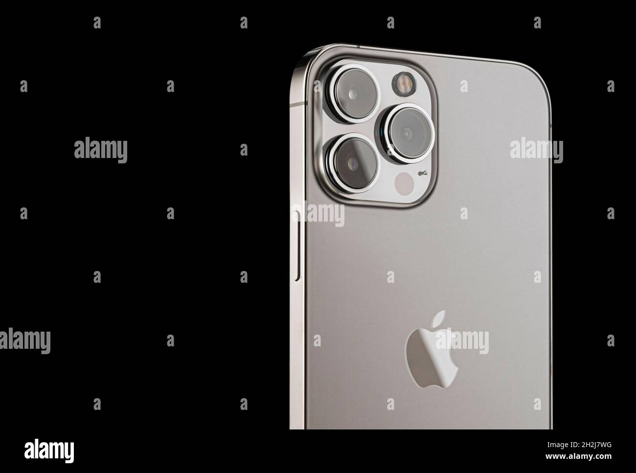 iPhone 13 pro max on a black background. three close-up phone cameras, apple  logo. russia, krasnoyarsk 13 october 2021 Stock Photo - Alamy