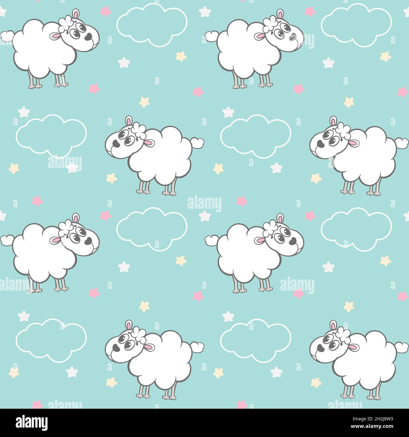 Cute fluffy sheep with clouds and stars seamless pattern. Baby