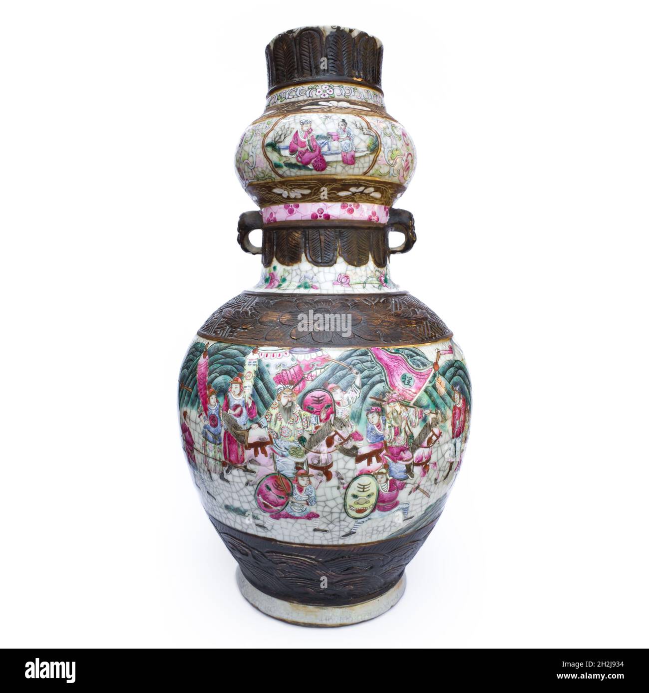 Large Antique Chinese Nanking Warrior Vase With Mask Handles. Late 19th Century, Qing Dynasty Stock Photo