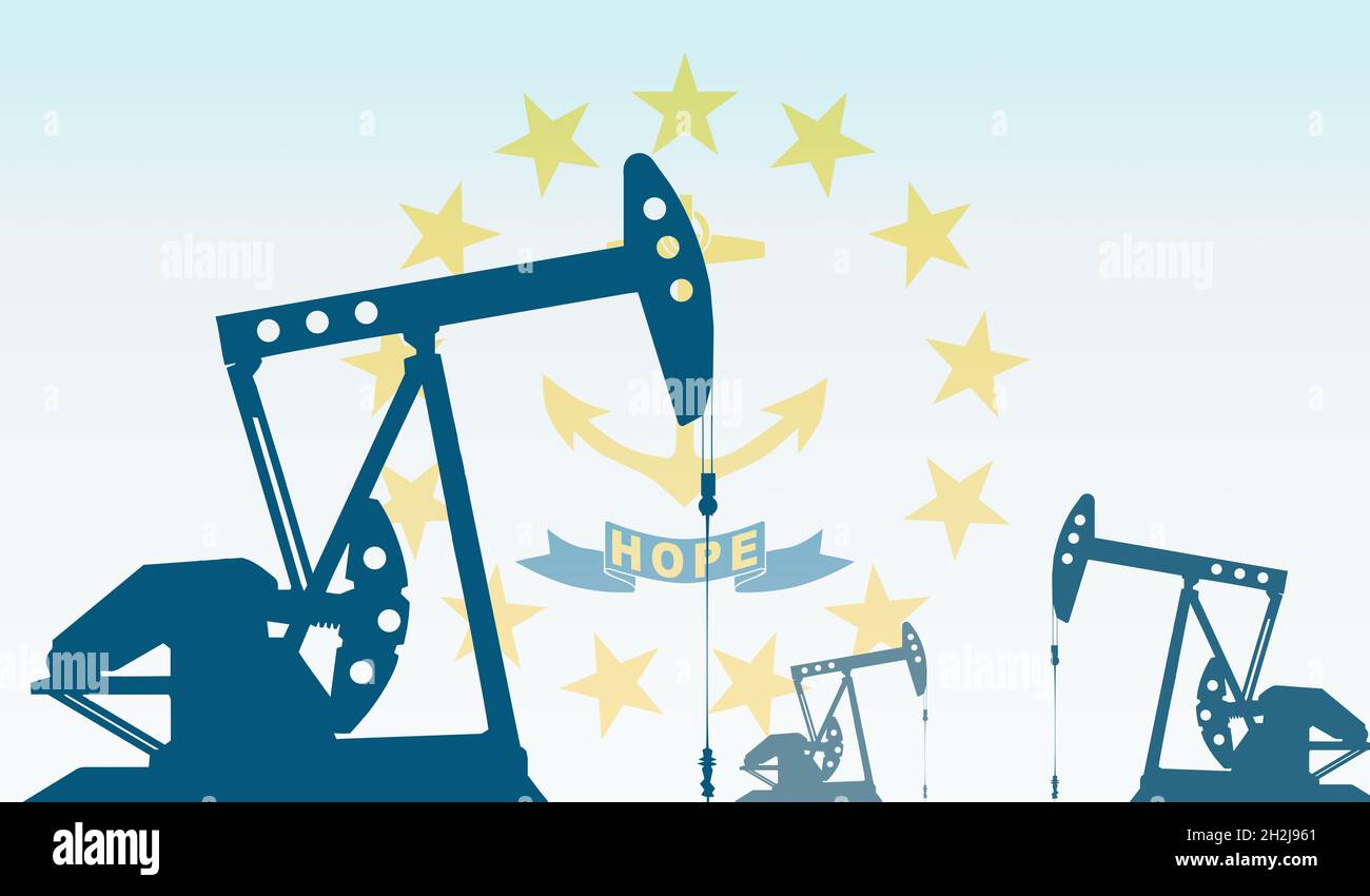 silhouette of oil pump against flag of Rhode Island state USA
