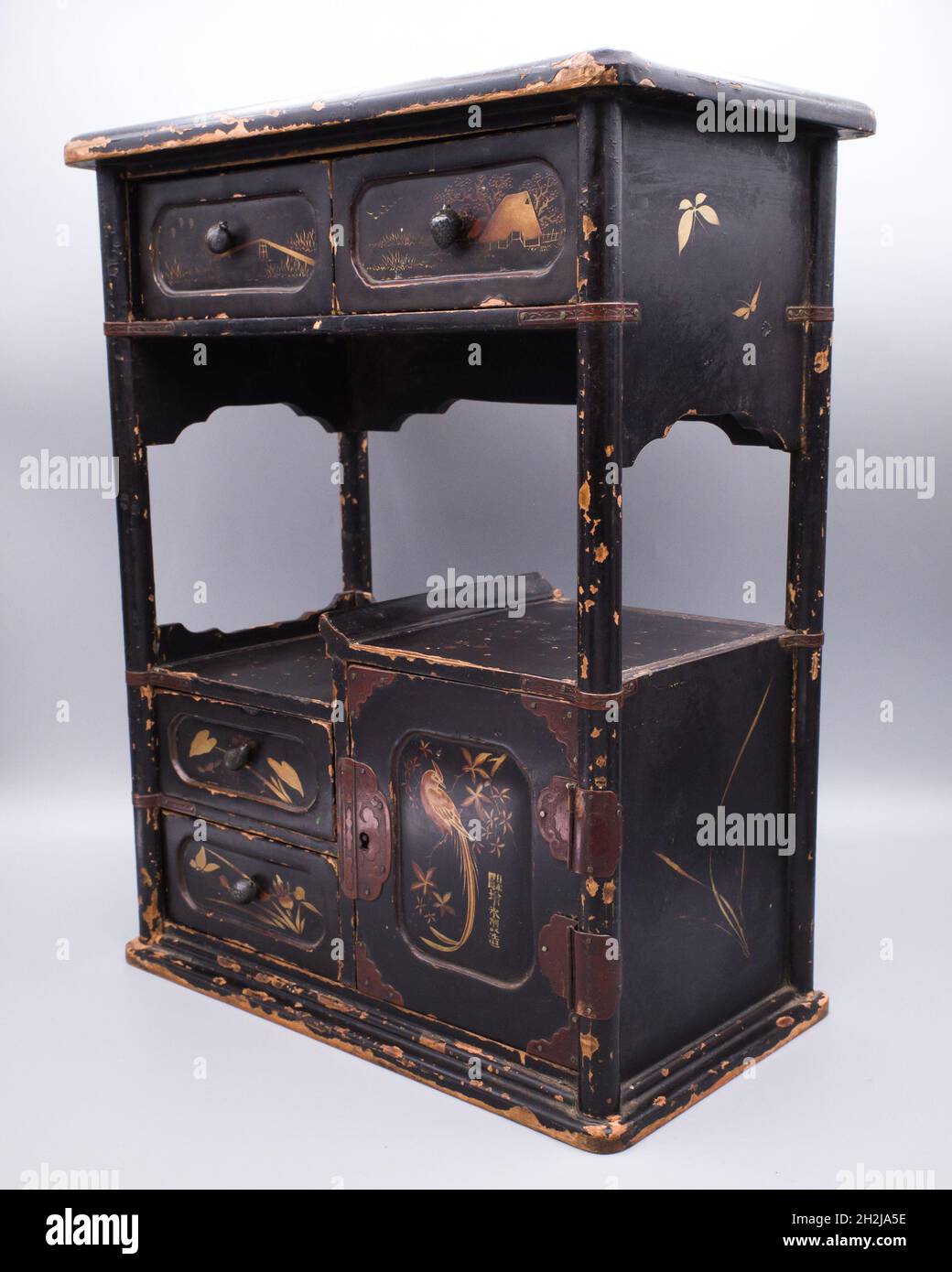 Antique Japanese Gilt Lacquered Wooden Display cabinet. Inscribed. Meiji period (1868-1912) Stock Photo