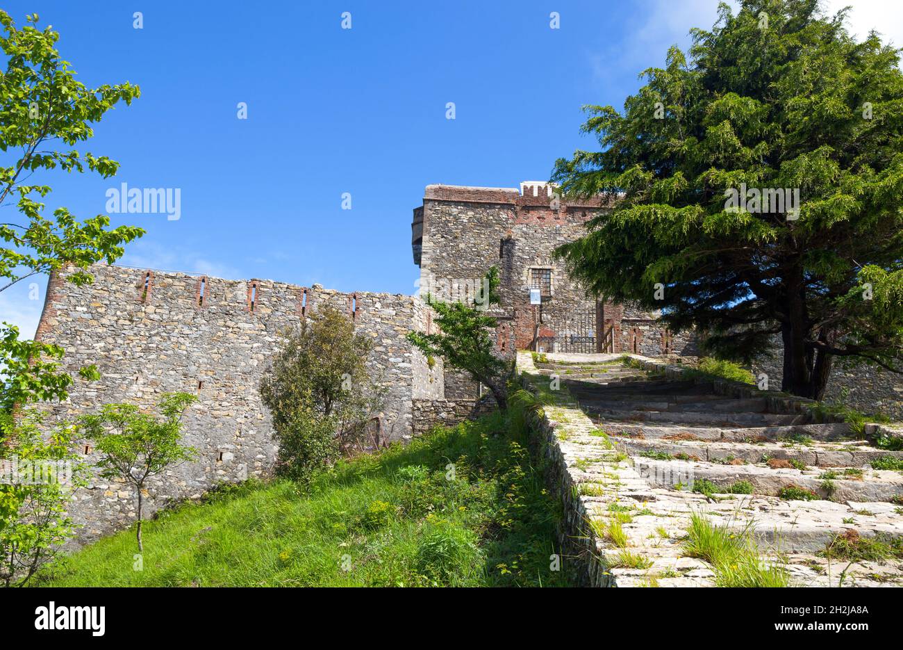 View of Fort Puin in the city of Genoa Mura park trail (Parco delle Mura), Genoa, Italy. Stock Photo