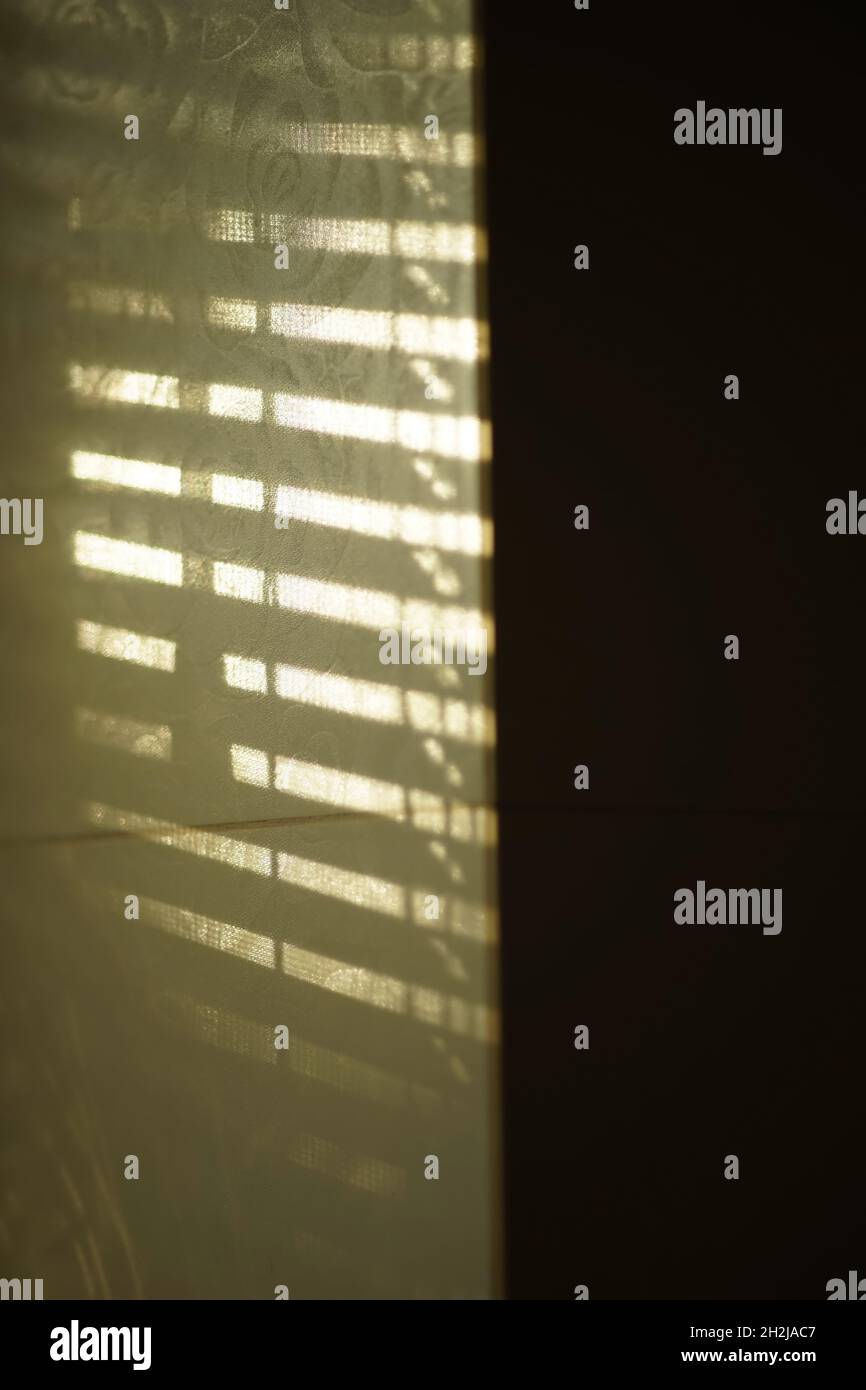 Wall with sunlight and shadows from blinds. Stock Photo