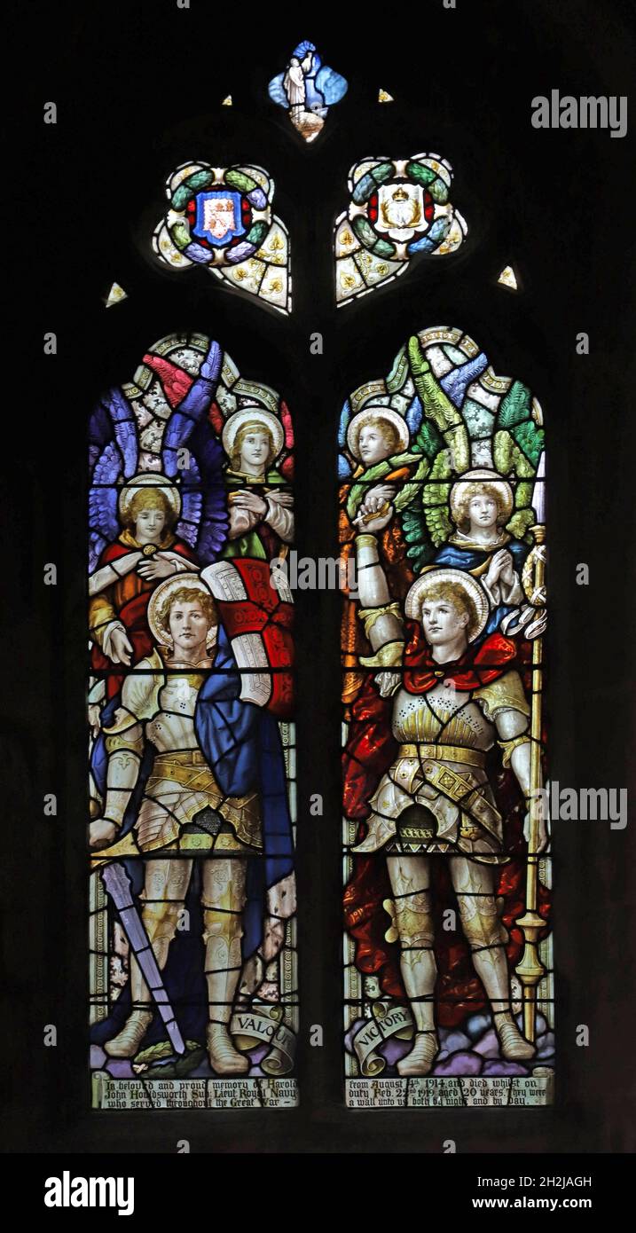 A stained glass window by Percy Bacon depicting Valour and Victory, St Peter's Church, Dunchurch, Warwickshire Stock Photo