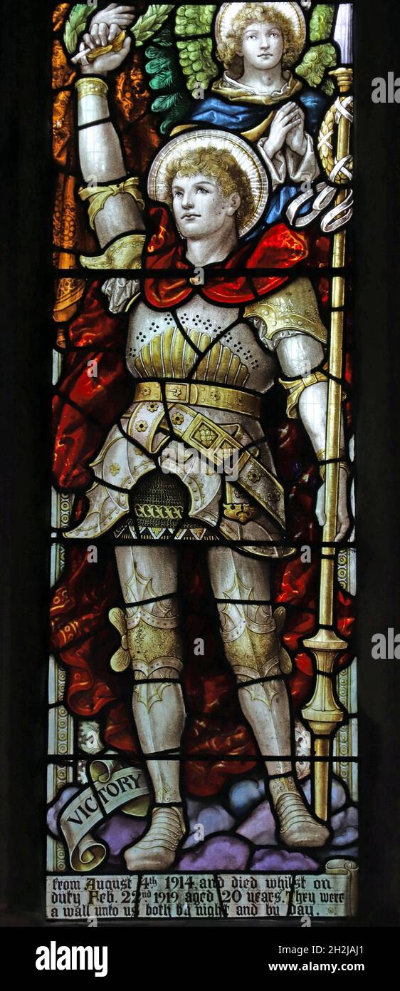 A stained glass window by Percy Bacon depicting Victory, St Peter's Church, Dunchurch, Warwickshire Stock Photo