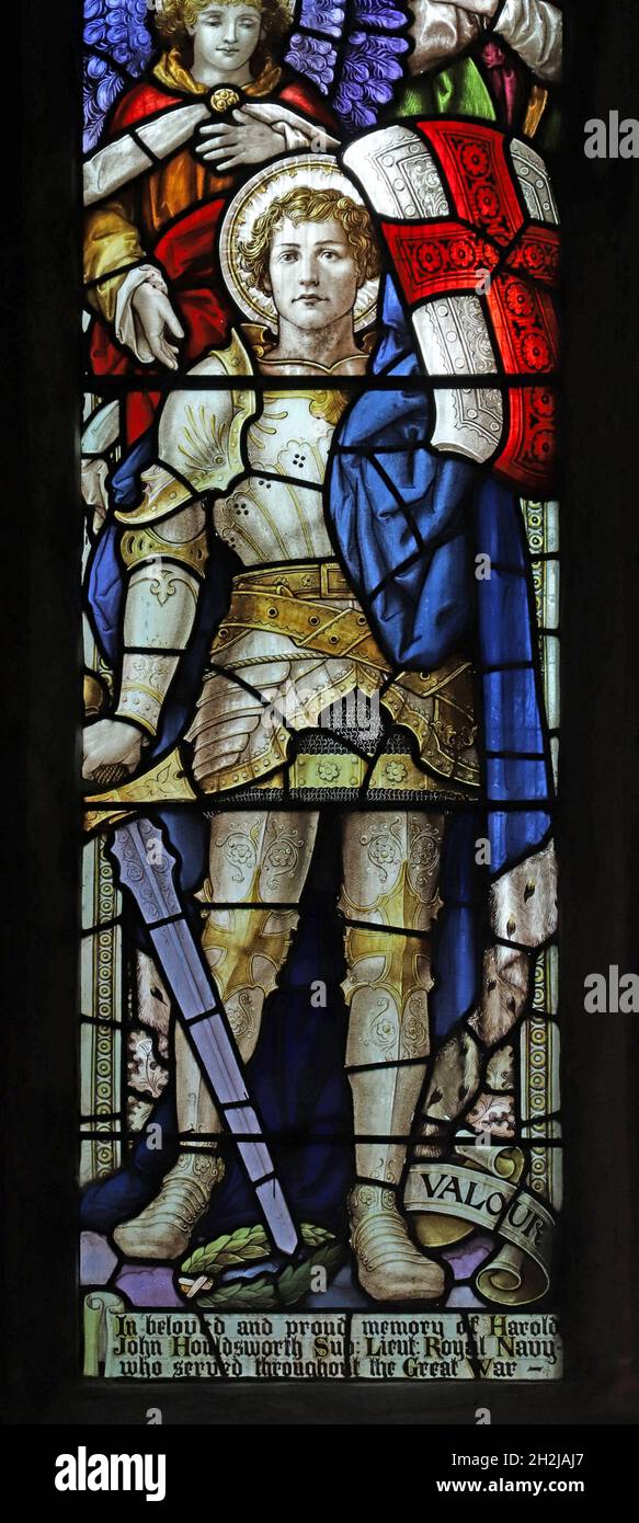 A stained glass window by Percy Bacon depicting Valour, St Peter's Church, Dunchurch, Warwickshire Stock Photo