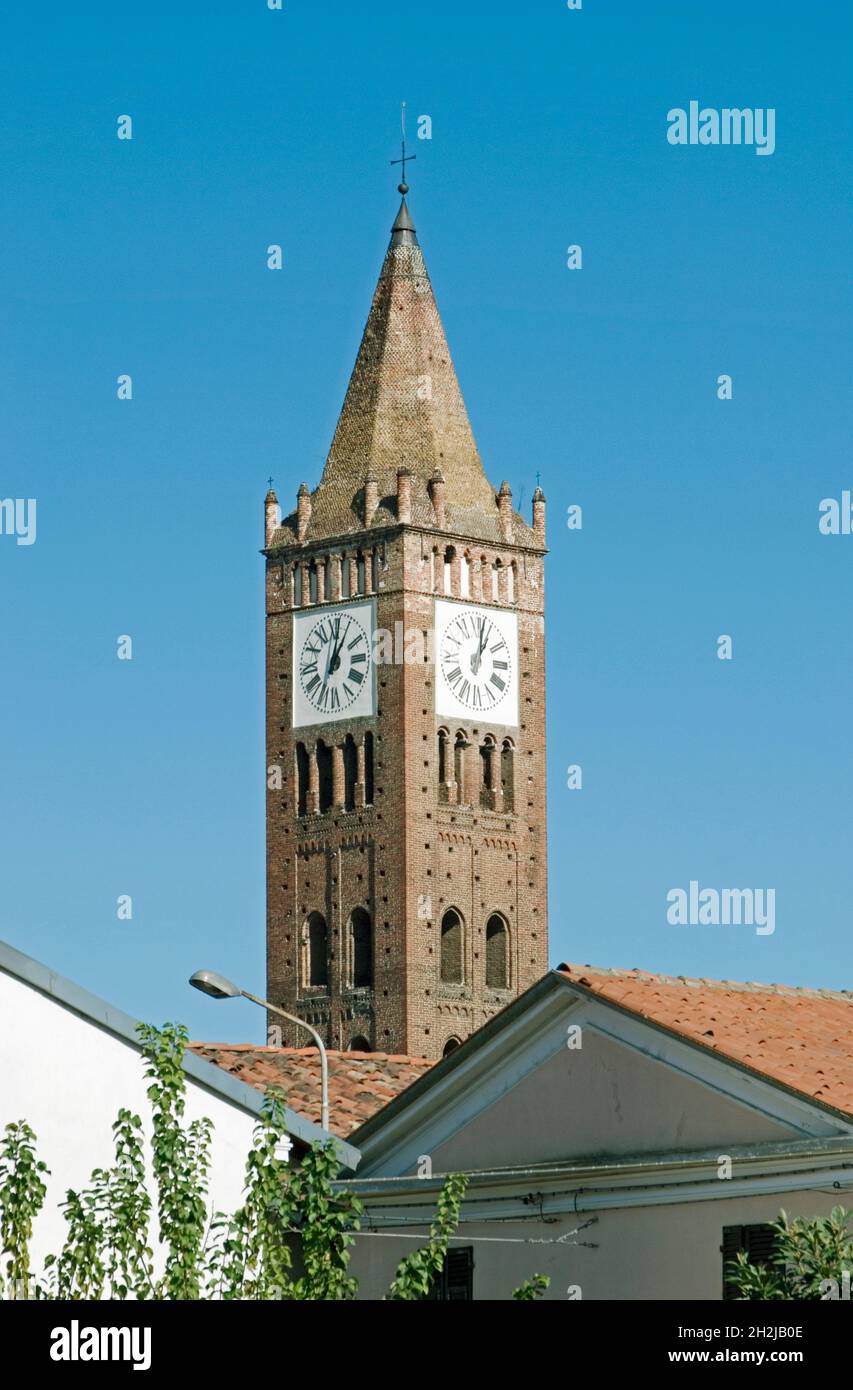 the romanic belltower of San Martino church, belltower, Fontanetto Po, Vercelli, Piedmont, Italy Stock Photo