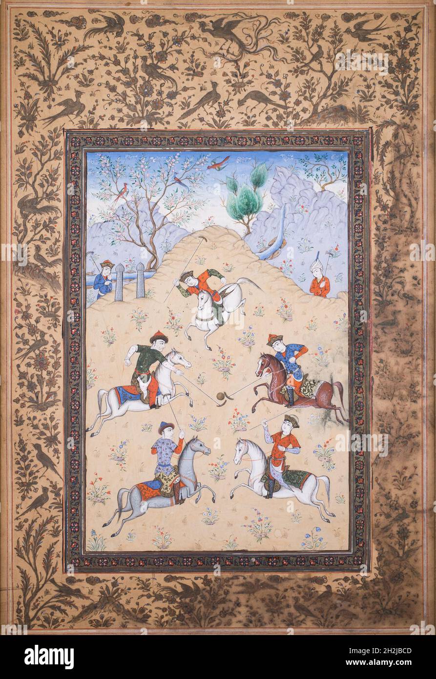 Antique Persian Miniature Painting of Chovgan Polo Game. Folio from ‘Guy O Chaugan’ by Arifi. 19th century Stock Photo