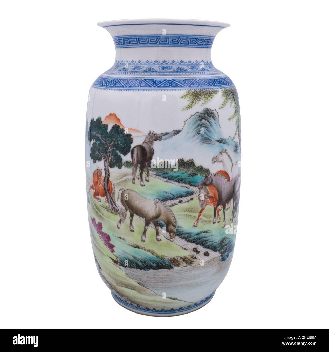 Chinese Famille Rose Porcelain Vase Depicting Eight Horses of Wang Mu. Chinese Republic Period Eggshell Porcelain Stock Photo