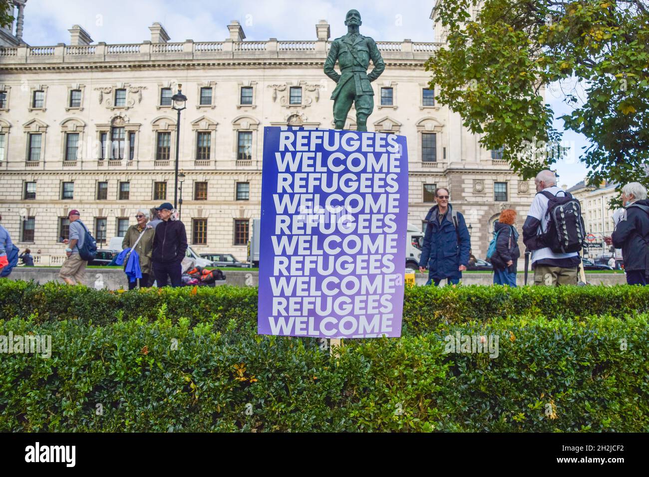 London, UK. 20th October 2021. Demonstrators gathered in Parliament Square in support of refugees and in opposition to the Nationality and Borders Bill. Stock Photo