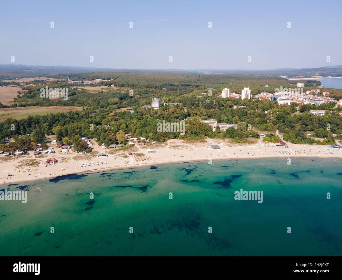 Amazing Aerial view of South Beach of town of Kiten, Burgas Region, Bulgaria Stock Photo